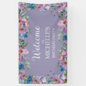 パープルブルーフローラ女性の誕生日パーティーへようこそ 横断幕 (縦)