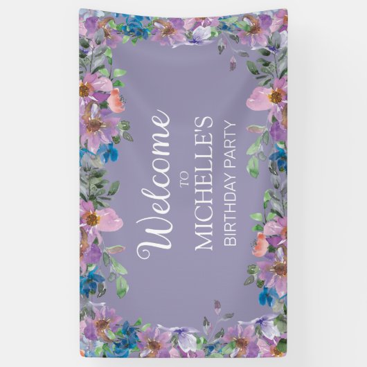 パープルブルーフローラ女性の誕生日パーティーへようこそ 横断幕 (縦)