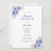パープルブルーフローラ水彩ブライダルシャワー 招待状 (正面)