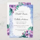 パープルブルーフローラ水彩ブライダルシャワー 招待状 (正面/裏面)
