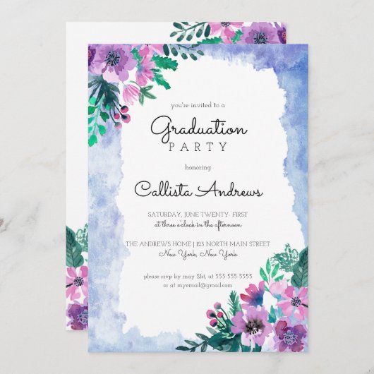 パープルブルーフローラ水彩卒業パーティー 招待状 (正面/裏面)