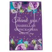 パープルブルーフローラ金ゴールドキンセアニラありがとうござる ミディアムペーパーバッグ (正面)