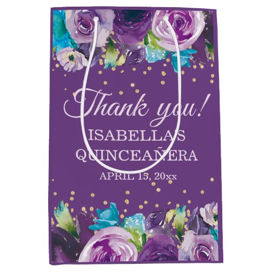 パープルブルーフローラ金ゴールドキンセアニラありがとうござる ミディアムペーパーバッグ (正面)