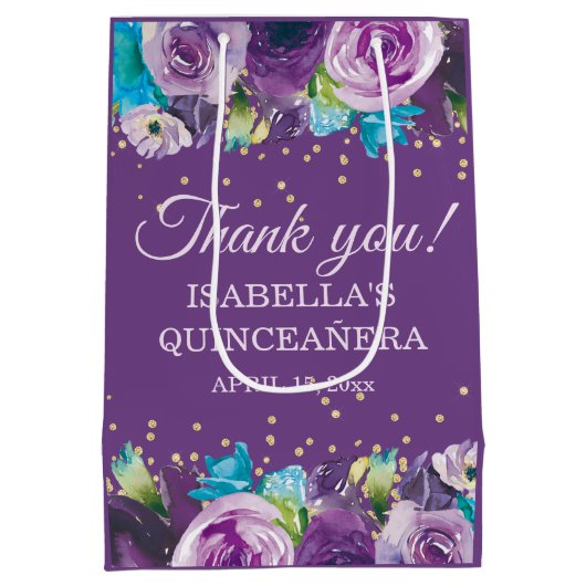 パープルブルーフローラ金ゴールドキンセアニラありがとうござる ミディアムペーパーバッグ (裏面)