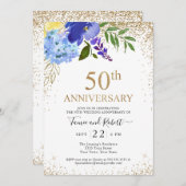 パープルブルーフローラ金ゴールド結婚50周年 招待状 (正面/裏面)