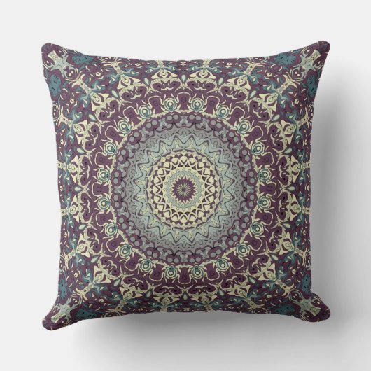 パープルブルーベージュマンダラ万華鏡のように千変万化するパターンメダリオ クッション (裏面)