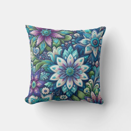 パープルブルーホワイトフローラデザイン クッション (正面)