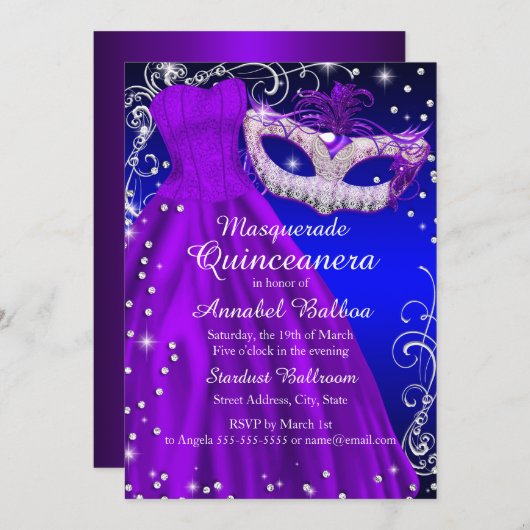 パープルブルーマスク&ドレスマスカレードキンセアニェラ 招待状 (正面/裏面)