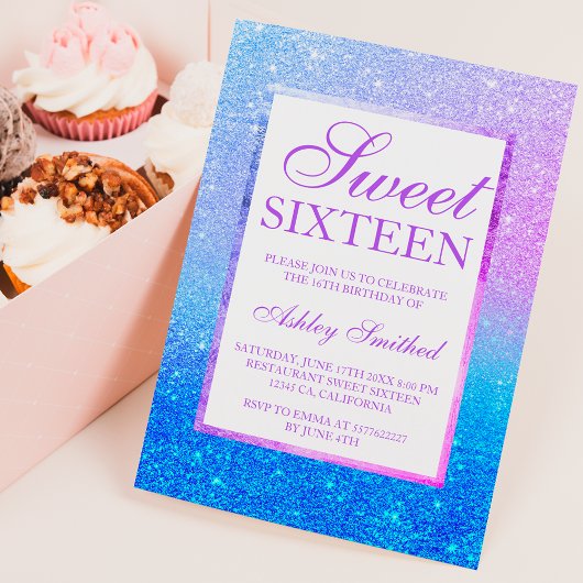 パープルブルーマーメイドグリッターブルーティール（緑がかった色）スウィート16 招待状