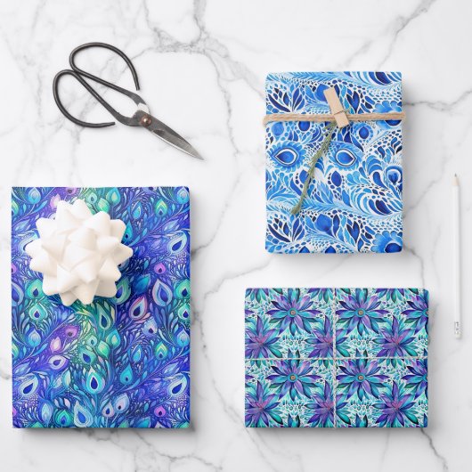 パープルブルーミントピーコックフェザー ラッピングペーパーシート (正面)
