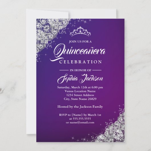 パープルブルーレースダイヤモンドスパークルガウンキンセアニェラ 招待状 (裏面)