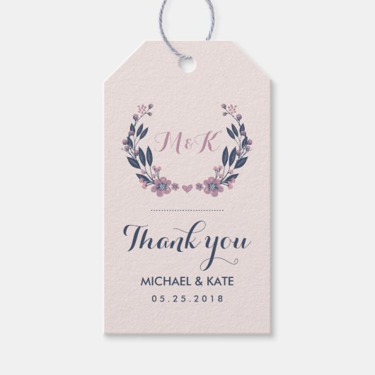 パープルブルーヴィンテージフラワーリース結婚ズギフトラベル ギフトタグ (正面)