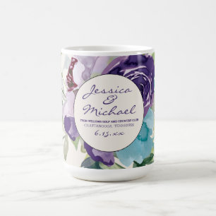 パープルブルー水彩フラワーモチーフの結婚式の引出物 コーヒーマグカップ