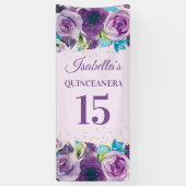 パープルブルー水彩フラワーQuinceañera 横断幕 (縦)