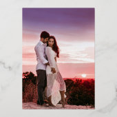 パープルブルー結婚のリース葉写真 箔招待状 (裏面)