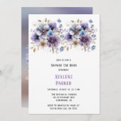 パープルブルー絵を描フローラブライダルシャワー 招待状 (正面/裏面)