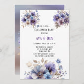 パープルブルー絵を描フローラ婚約パーティ 招待状 (正面/裏面)