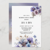 パープルブルー絵を描結婚フローラのカップルのシャワー 招待状 (正面/裏面)