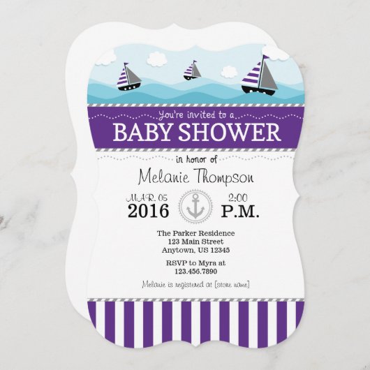 パープルブルー航海のベビーシャワー招待状 招待状 (正面/裏面)