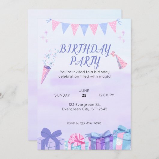 パープルブルー誕生日バッシュ 招待状 (正面/裏面)