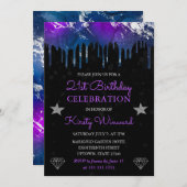 パープルブルー&シルバー銀河系大理石21歳の誕生日 招待状 (正面/裏面)