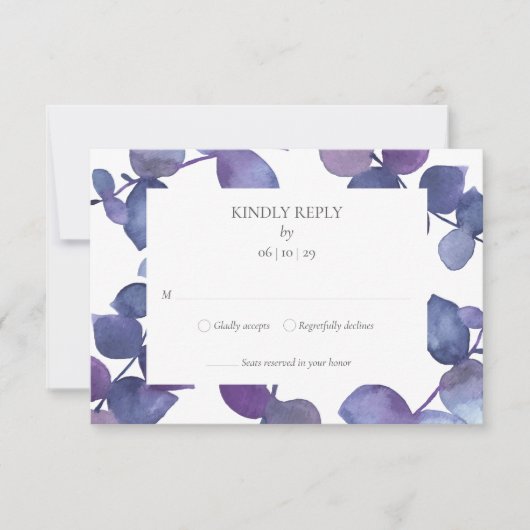 パープルブルー ユーカリの葉 フラワーの出欠確認カード 出欠カード (正面)