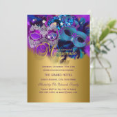 パープルブルー&金ゴールドマスクマスカレードパーティー招待状 招待状 (スタンド正面)