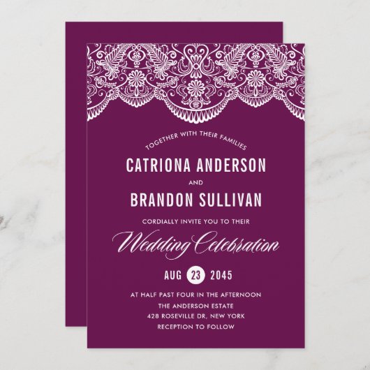 パープルブロケードレース結婚式招待状 招待状 (正面/裏面)