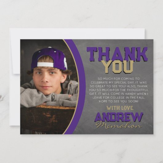 パープルブロンズの黒板卒業サンキューカード 招待状 (正面)