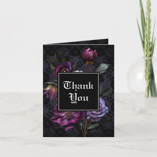 パープルブーケオンブラックレース | 写真ありがとう サンキューカード (正面)