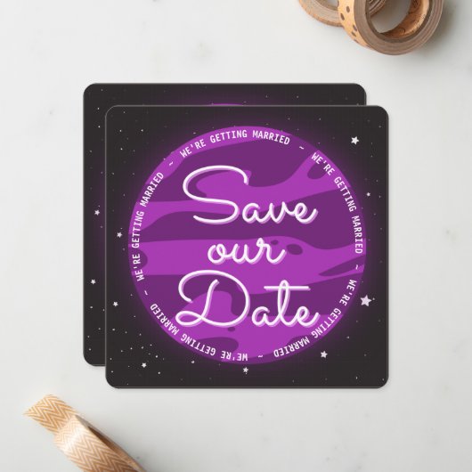 パープルプラネット宇宙救をテーマにした私たちの日付 ノートカード (正面/裏面インサイチュ)