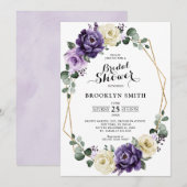 パープルプラムアイボリーゴールド  幾何学的なブライダルシャワー 招待状 (正面/裏面)