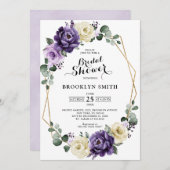 パープルプラムアイボリー金ゴールド幾何ブライダルシャワー 招待状 (正面/裏面)