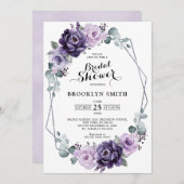 パープルプラムシルバーフローラ幾何学ブライダルシャワー 招待状 (正面/裏面)
