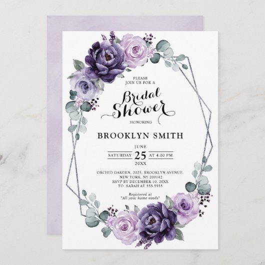 パープルプラムシルバーフローラ幾何学ブライダルシャワー 招待状 (正面/裏面)