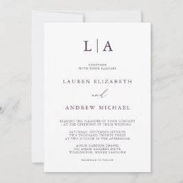 パープルプラムシンプルモノグラム結婚ミニマリスト 招待状