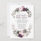 パープルプラムピンクの水彩絵の具の芍薬のウェディング#2 招待状 (正面)