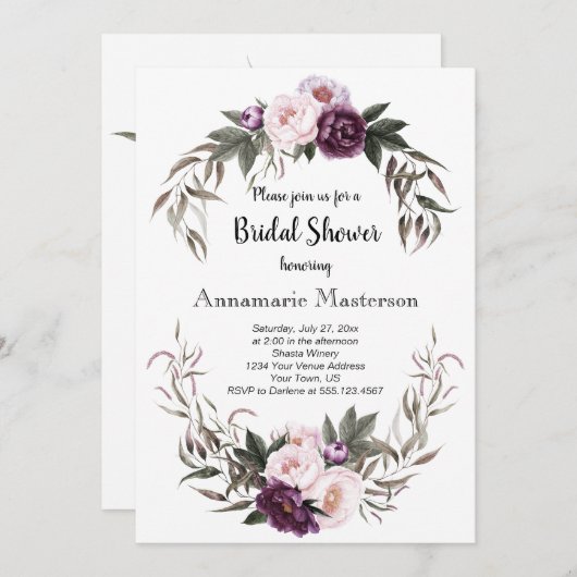 パープルプラムピンクペオニーリースブライダルシャワー 招待状 (正面/裏面)