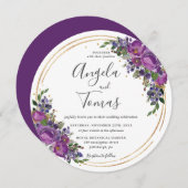 パープルプラムフローラ結婚の金ゴールドグリッターサークル 招待状 (正面/裏面)