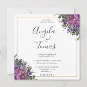 パープルプラムフローラ結婚グリーナリー金ゴールドスクエア 招待状 (正面)