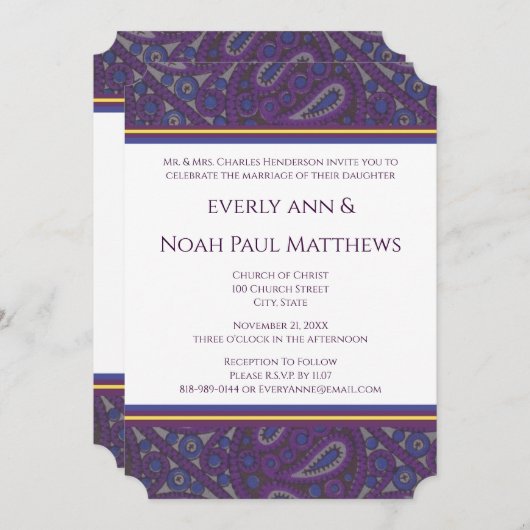 パープルプラムペイズリー結婚式招待状 招待状 (正面/裏面)