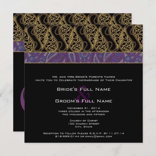 パープルプラムペイズリー結婚式招待状 招待状 (正面/裏面)