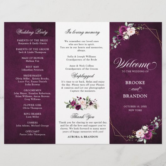 パープルプラム赤面バラトリフォールド結婚式 プログラム (正面)