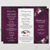 パープルプラム赤面バラトリフォールド結婚式 プログラム (正面/裏面)