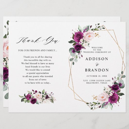 パープルプラム赤面ピンクローズ結婚式 プログラム (正面/裏面)