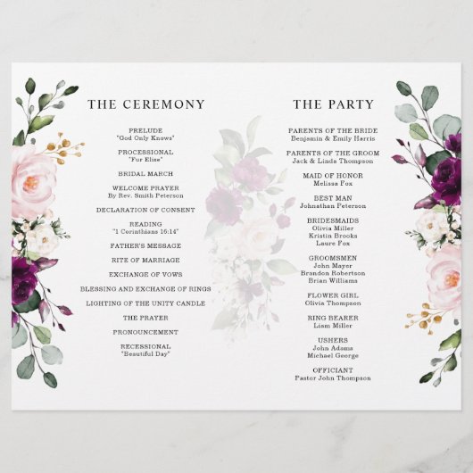 パープルプラム赤面ピンクローズ結婚式 プログラム (裏面)