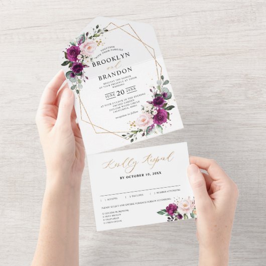 パープルプラム赤面ピンクローゼジオメトリック結婚ス オールインワン招待状 (貼ってはがせる)