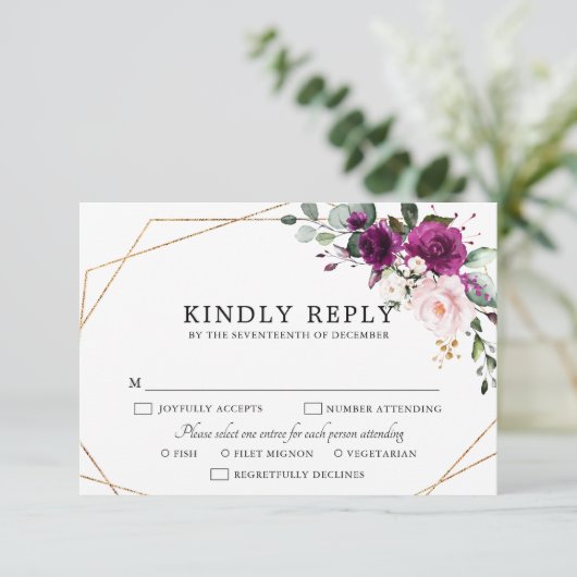 パープルプラム赤面ピンクローゼジオメトリック結婚ス 出欠カード (スタンド正面)