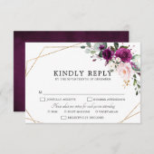 パープルプラム赤面ピンクローゼジオメトリック結婚ス 出欠カード (正面/裏面)