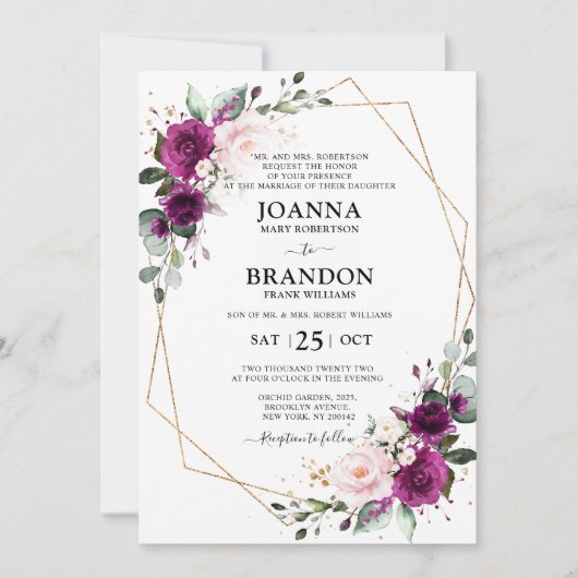 パープルプラム赤面ピンクローゼジオメトリック結婚ス 招待状 (正面)